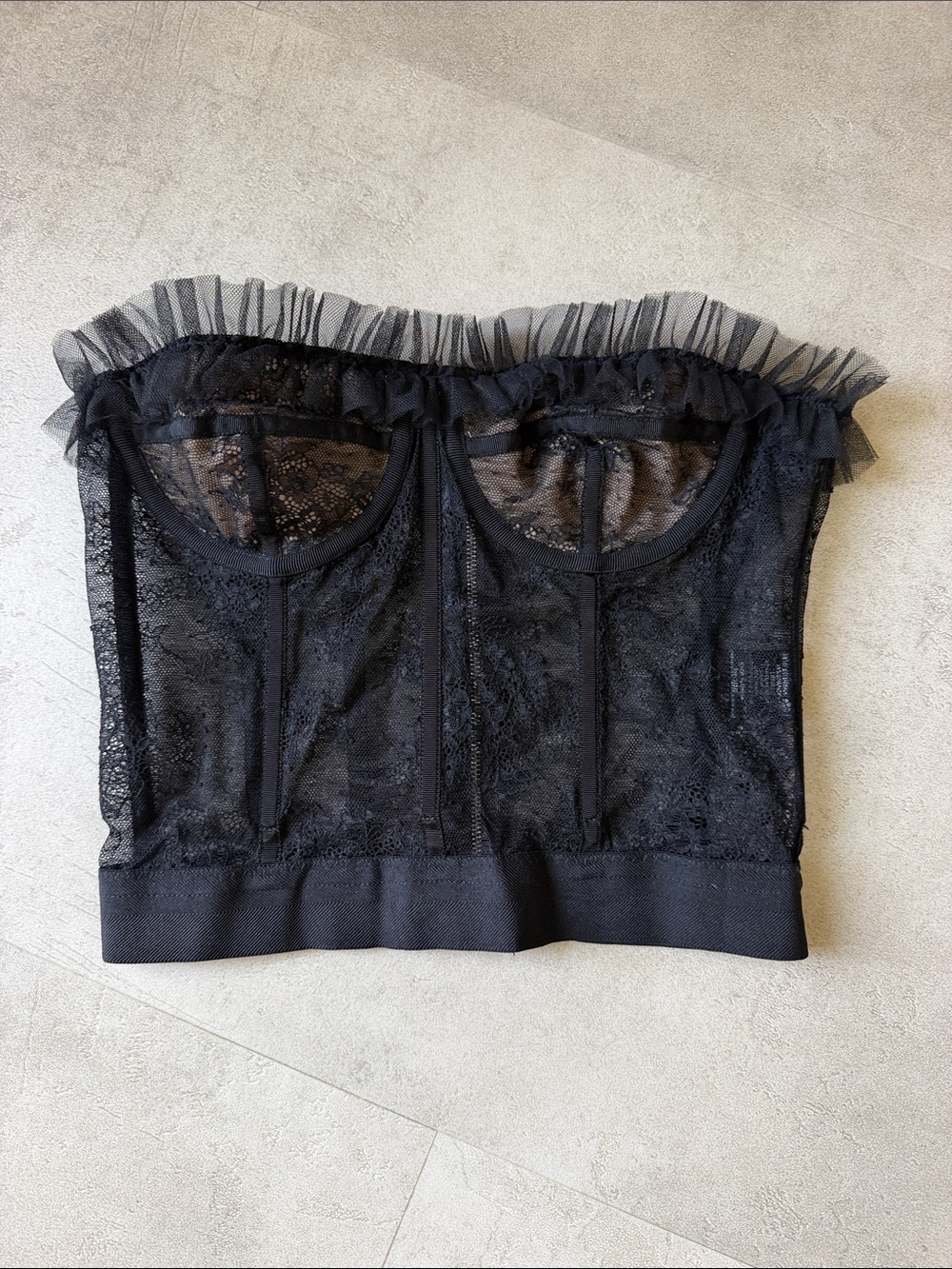 NBD Black Lace Bustier Crop Top with Tulle Ruffle